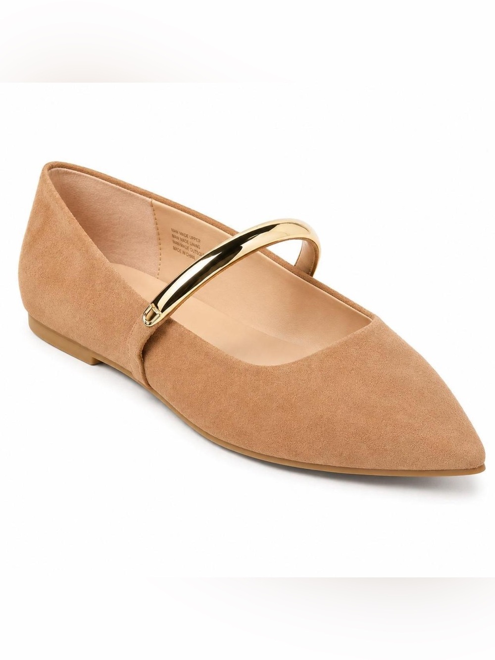 A New Day Cassidee Suede Pointed-Toe Mary Jane Flat in Camel with Gold Accent